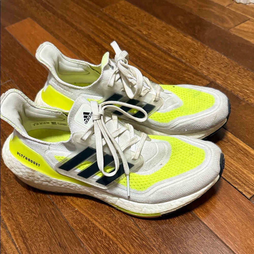 Adidas Ultraboost White and Neon Yellow Running Shoes